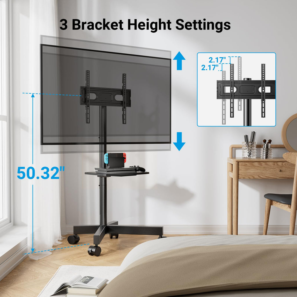 PERLESMITH Rolling TV Stand, Mobile TV Stands for 23-65 Inch LCD LED TVs, Tilt TV Stand Wheels Holds up to 88Lbs, Portable Outdoor TV Cart for Bedroom with Shelf, Max VESA 400x400mm PSTVMC06