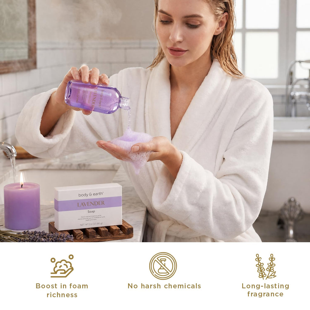 BODY & EARTH Bath and Body Gift Box for Women- 6 Pcs Lavender Bath Kit for Women Spa Set, Birthday, Christmas Gift Set Includes Body Lotion, Bubble Bath, Shower Gel
