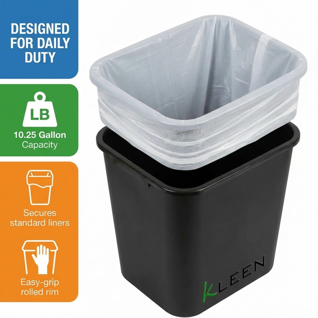 Kleen Commercial Soft-Sided Wastebasket 41qt, 20" x 16" x 11.6", Black Plastic (2 Pack)