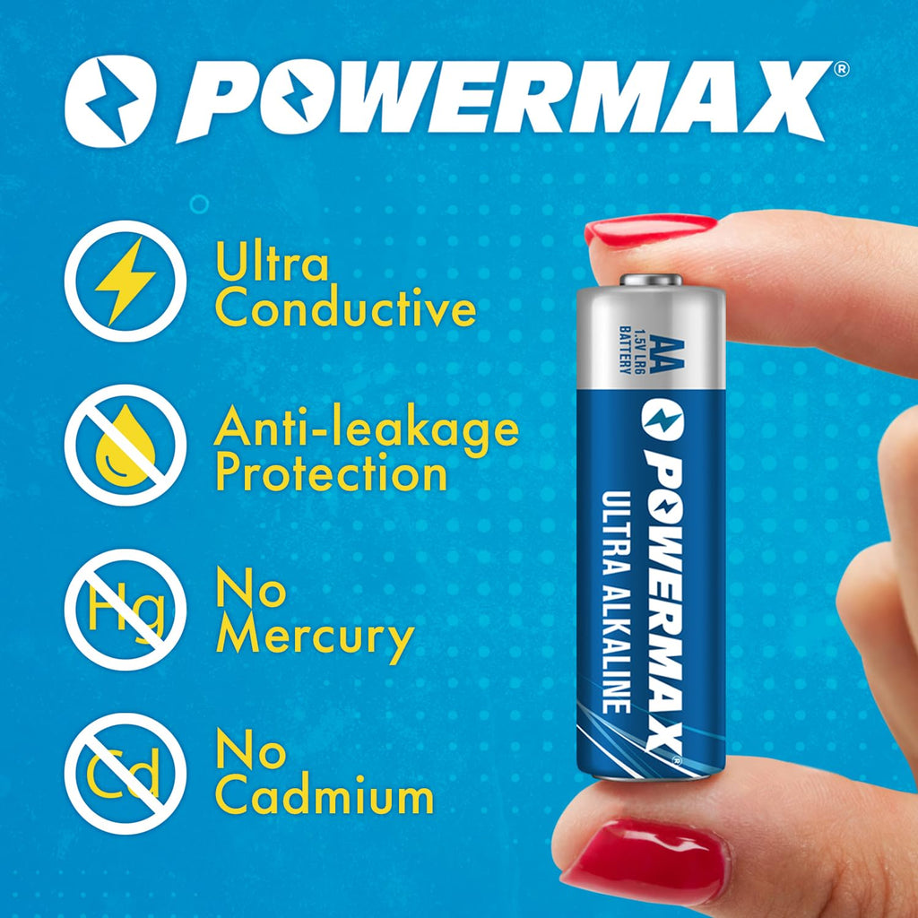 Powermax 100-Count Double AA Batteries, Ultra Long Lasting Alkaline Battery for Home and Office, 10-Year Shelf Life, Reclosable Packaging