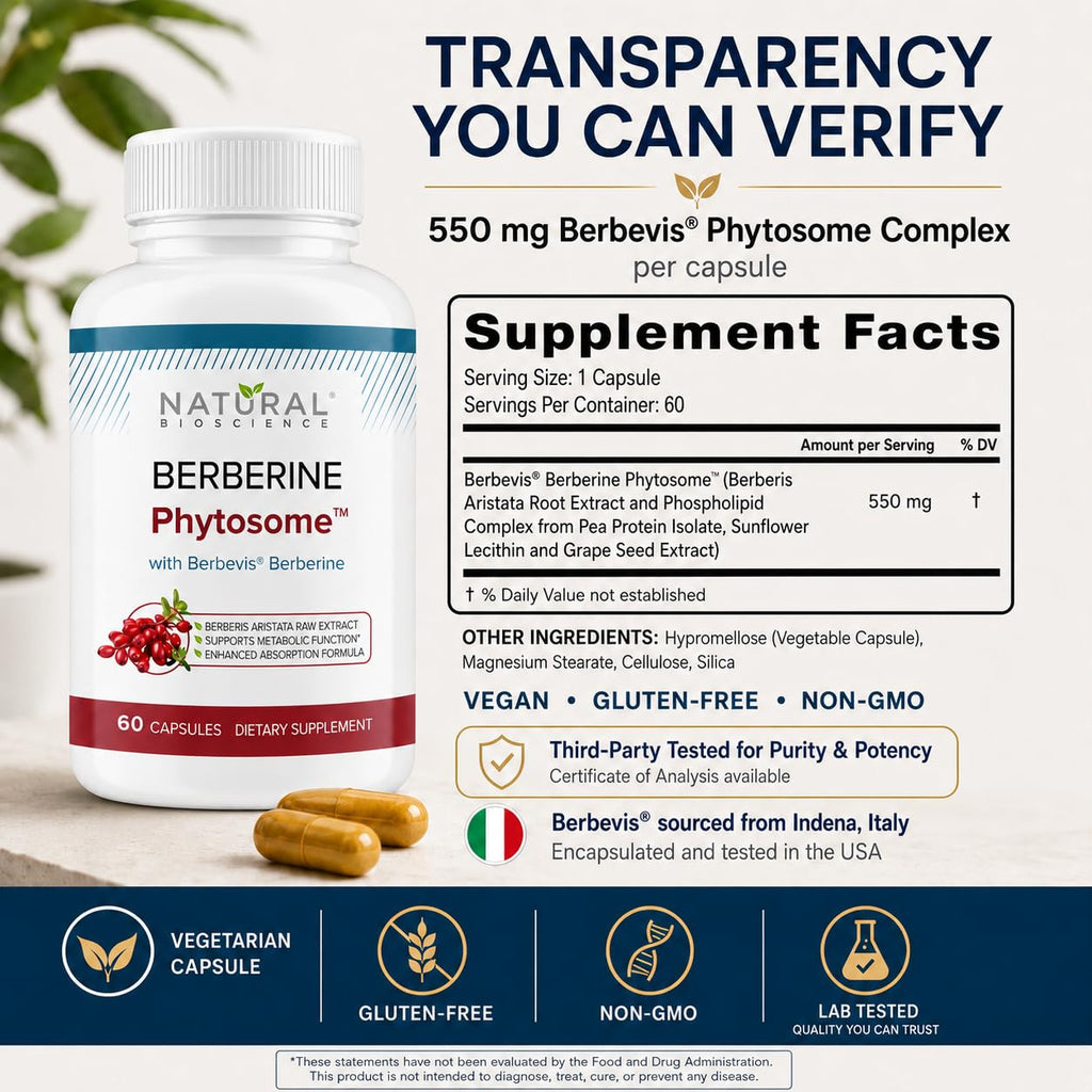 Berberine Phytosome Complex with Berbevis, 550mg Enhanced Absorption Berberine Supplement for Metabolic Support & Heart Health, Highly Bioavailable, Gluten-Free, Non-GMO, 60 Capsules