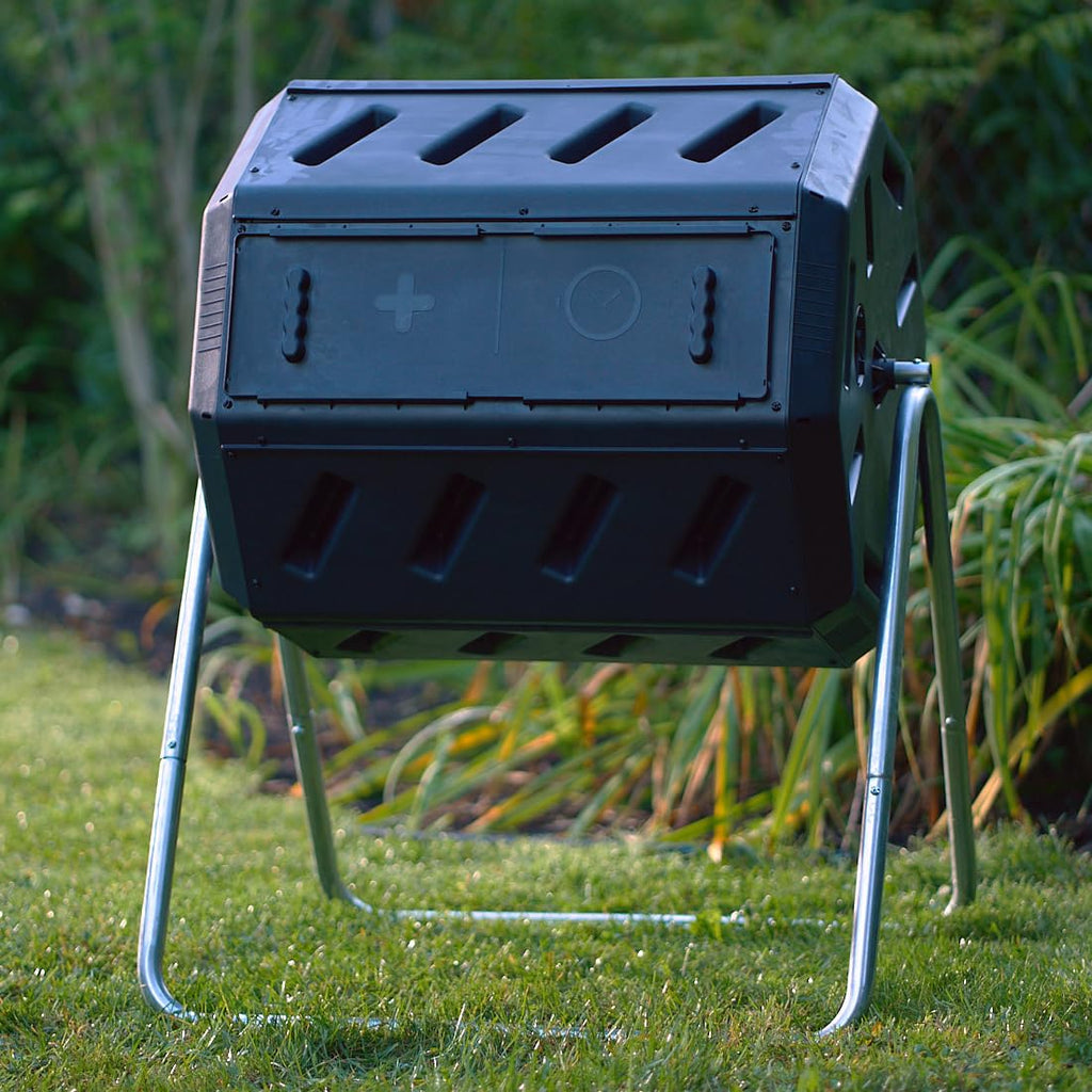 FCMP Outdoor Heavy Duty 37 Gallon 8 Sided Steel Portable Plastic Dual Chamber Tumbling Composter Outdoor Elevated Rotating Garden Compost Bin, Black