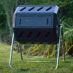 FCMP Outdoor Heavy Duty 37 Gallon 8 Sided Steel Portable Plastic Dual Chamber Tumbling Composter Outdoor Elevated Rotating Garden Compost Bin, Black