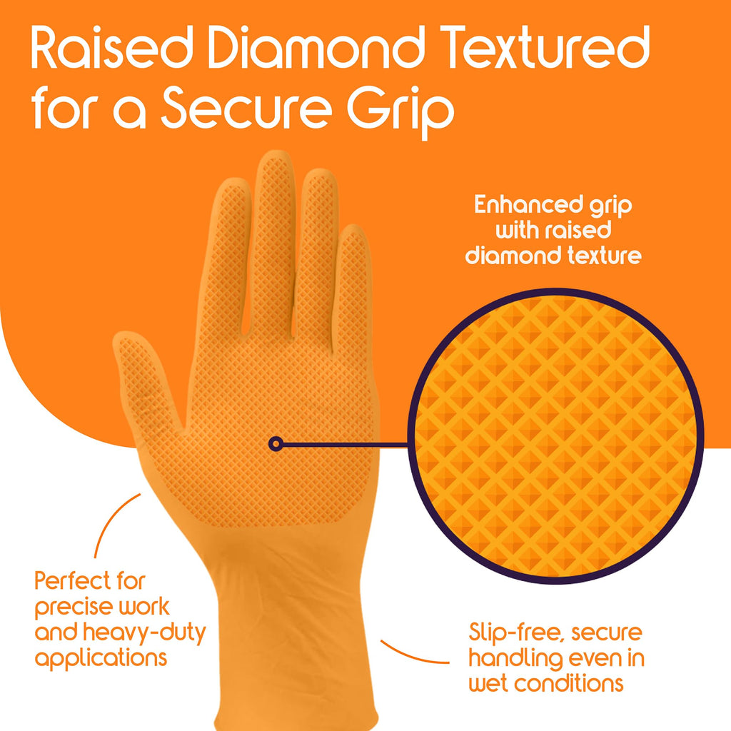 Inspire Heavy Duty Orange Nitrile Gloves Disposable Latex Free | ULTRA 8 Mil Diamond Textured Grip Disposable Cleaning Gloves | Industrial Mechanic Food Large, 100 Count