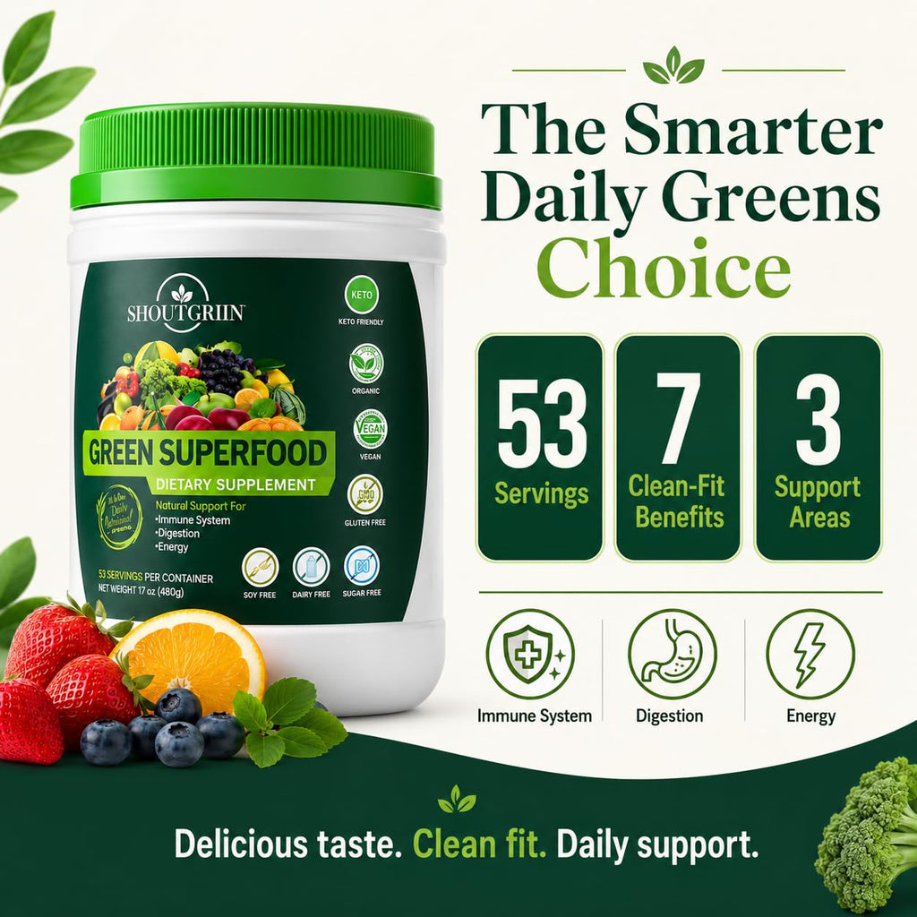 SHOUTGRIIN Green Superfood Powder — Organic Super Greens with 100 Billion CFU Probiotics & Digestive Enzymes — Vegan, Keto, Sugar-Free Daily Greens Supplement — Energy, Gut Health & Immunity