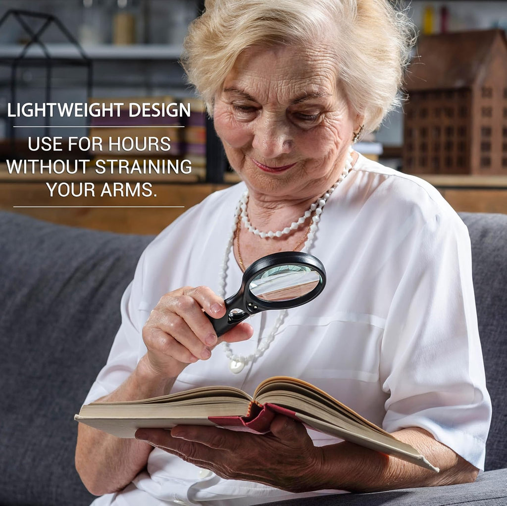 SeeZoom Magnifying Glass with Light, 3X Large Lens + 12X High Power Lens, Lighted Magnifying Glass Handheld Reading Magnifier for Seniors, Small Print, Coins & Jewelry, LED Light