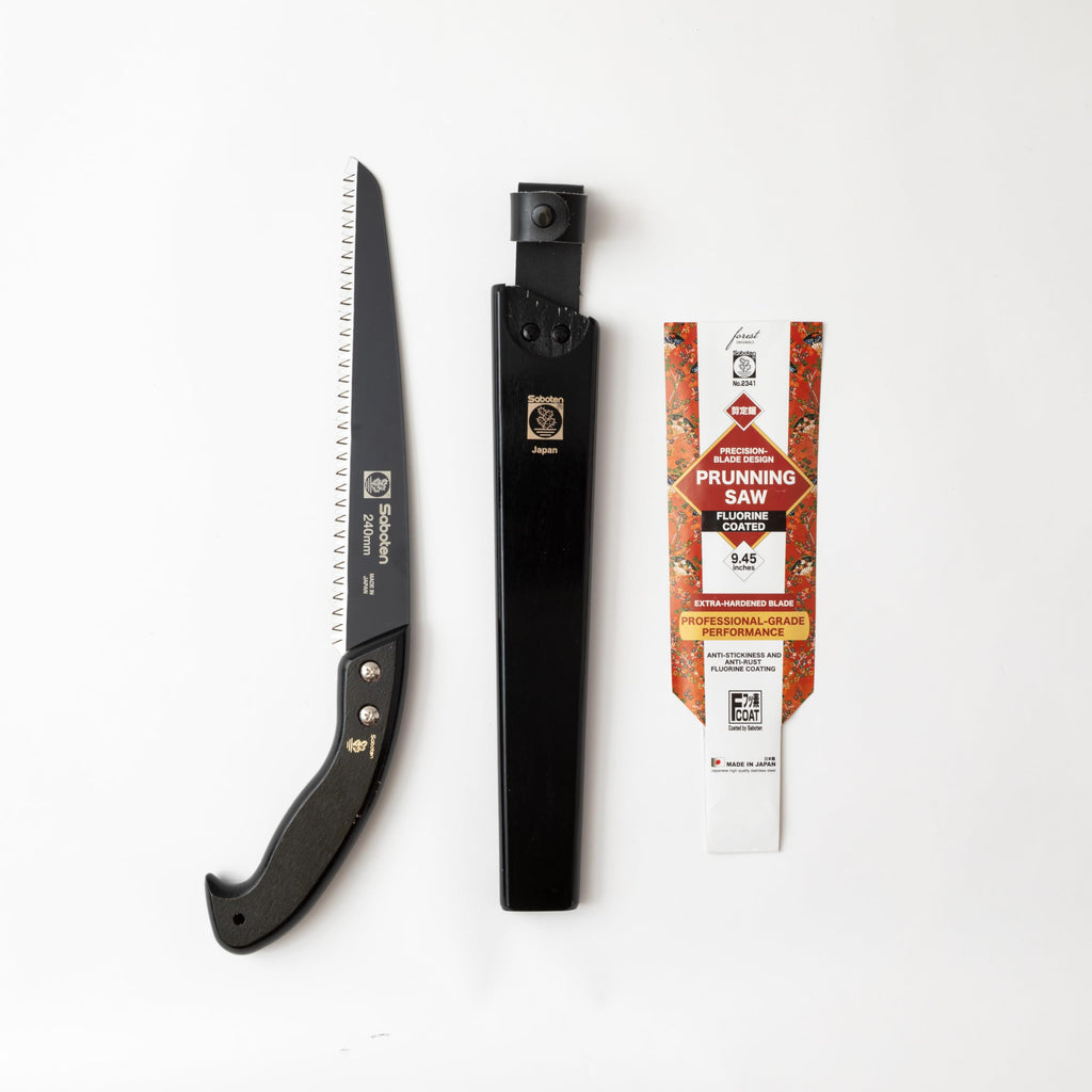 Saboten Japanese Pruning Saw 9.4 in (240mm) – Fluorine-Coated High-Carbon Steel Blade, 7.5mm Tooth Pitch, Smooth Pull Cuts, Wooden Handle, Wood Sheath Included, Made in Japan