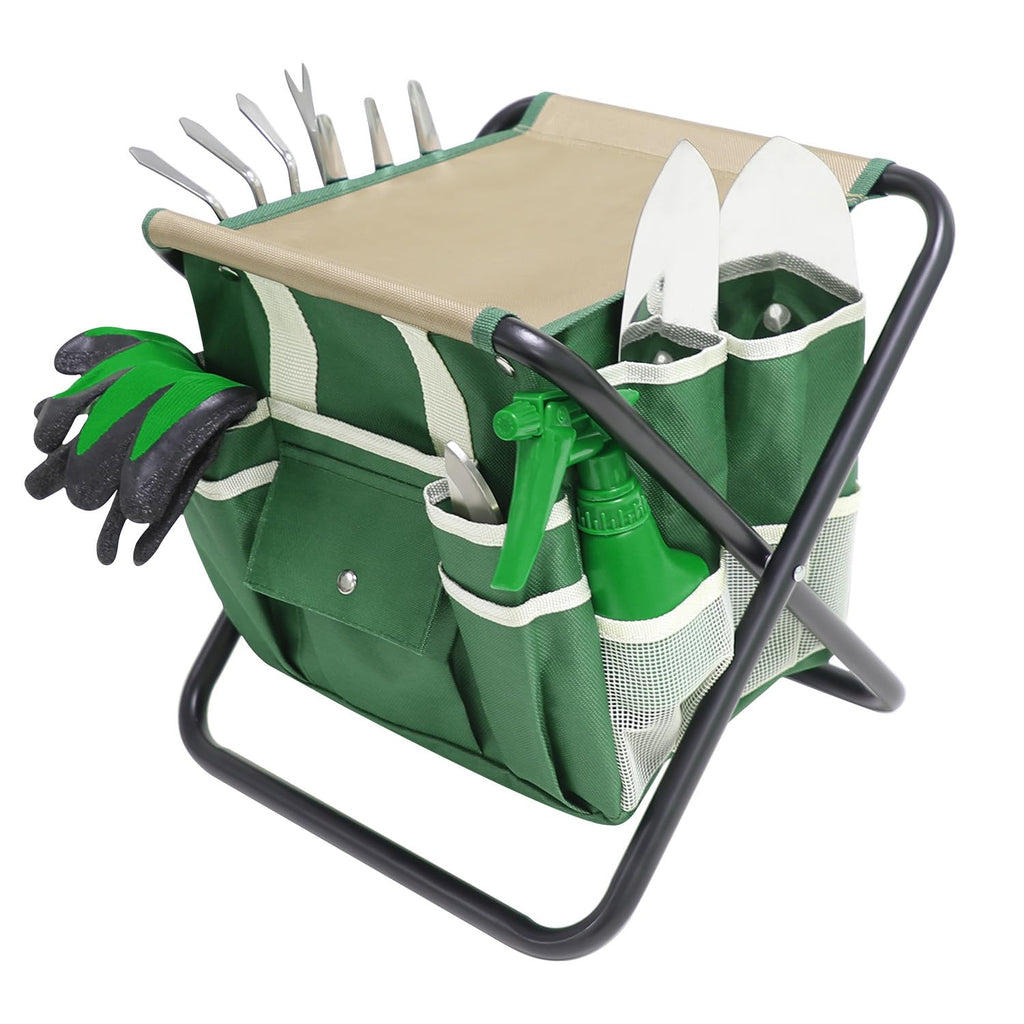 HoHaing Garden Tool Set, 10 Piece Kit with Heavy Duty Folding Stool, Detachable Storage Tote Bag, Stainless Steel Tools, Gifts for Women Men Green