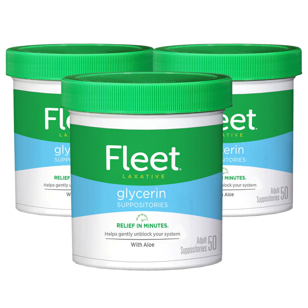 Fleet Glycerin Suppositories for Constipation Relief, Fast and Effective Stimulant-Free Laxative with Aloe Vera, 50 Count Jar, Pack of 3