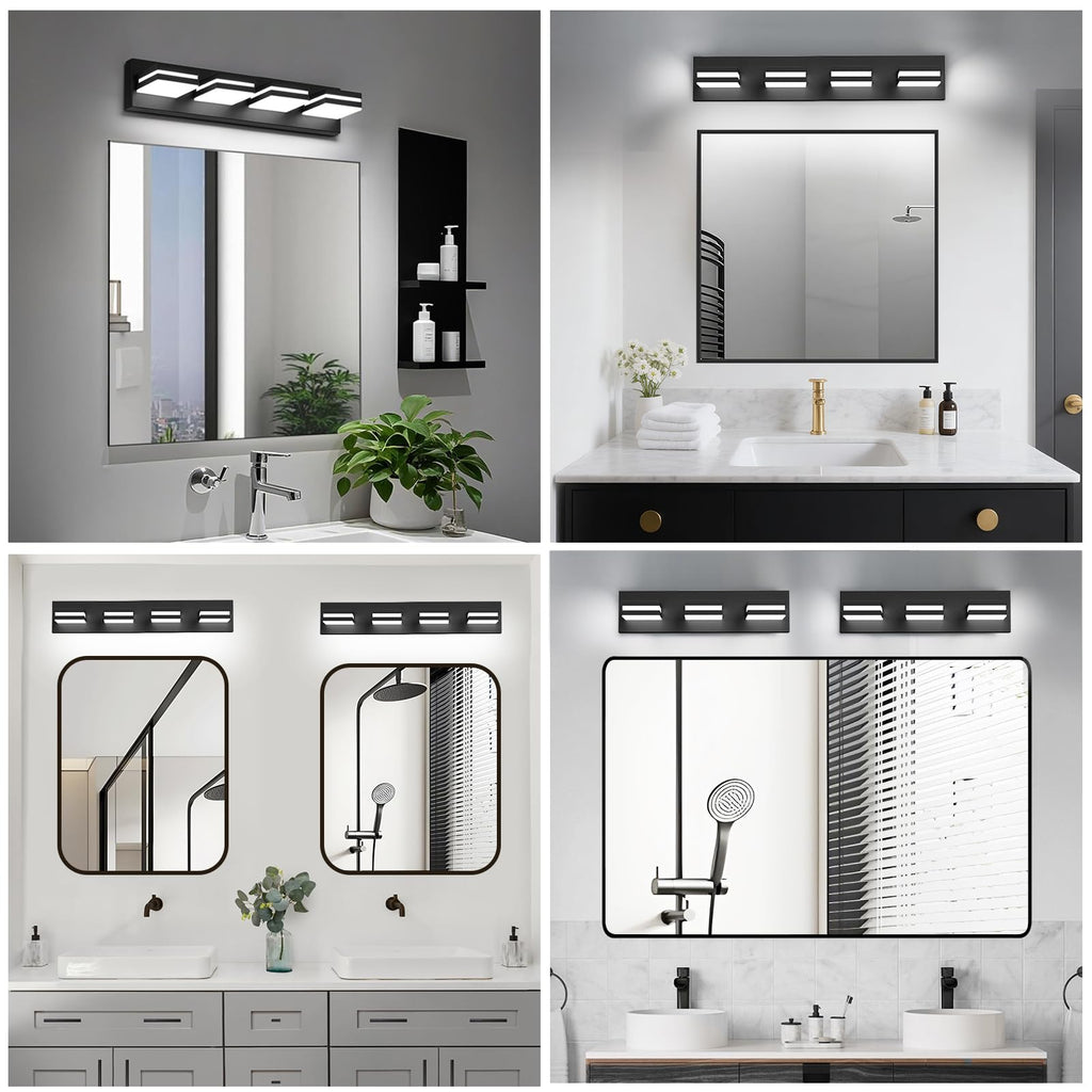 IZORRO LED Modern Bathroom Lights Fixtures(4-Light,Dimmable,360°Rotate),Matte Black Acrylic Wall Lighting,Vanity Lights for Bathroom Over Mirror - 6000k 24In （No Assembly Required）