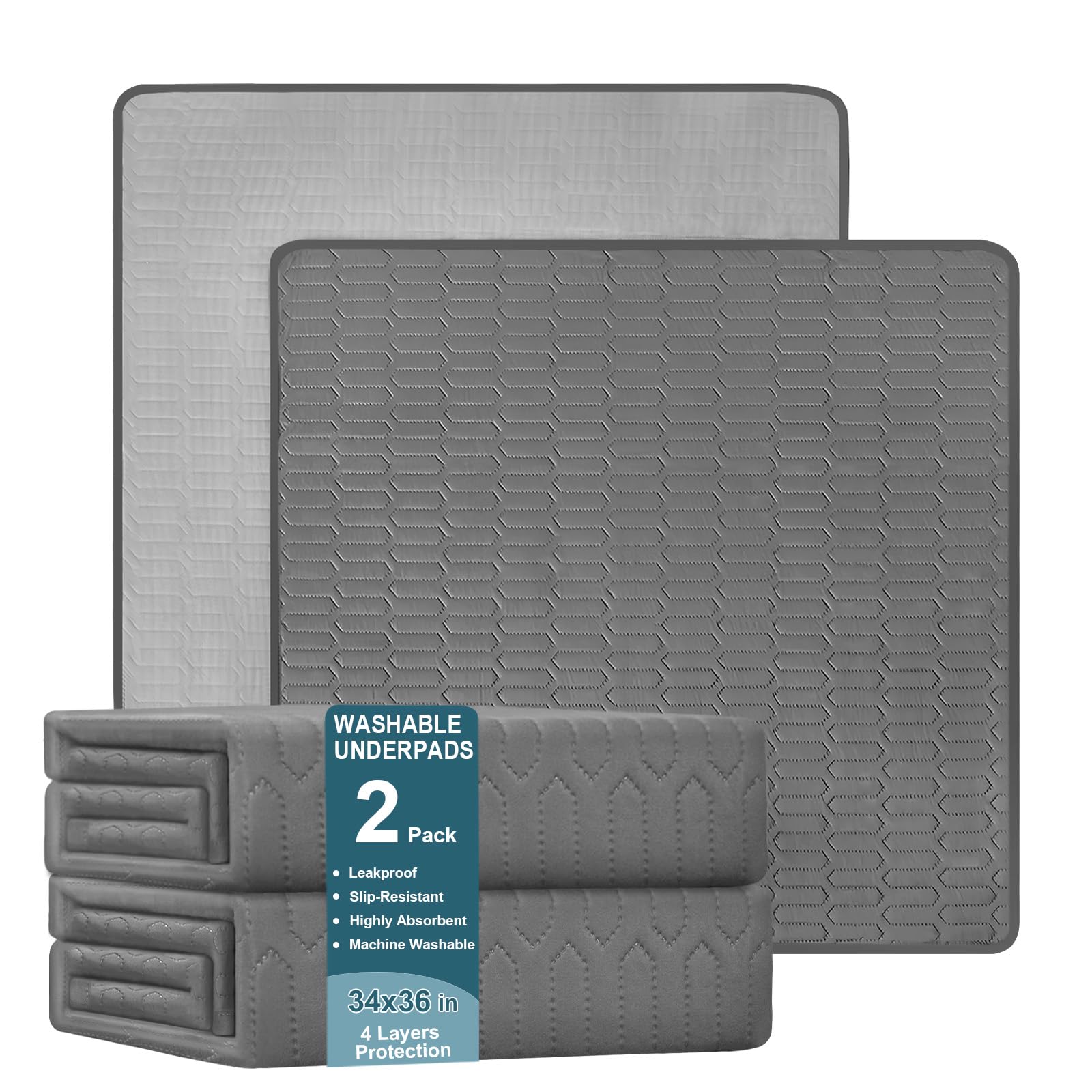 Washable Underpads (34x36 Inch) - Waterproof Reusable Bed Underpads, Heavy Absorbency Incontinence Bed Pads for Adults, Kids, Elderly, and Pets, Leakproof & Non-Slip Mattress Pad for Bedwetting
