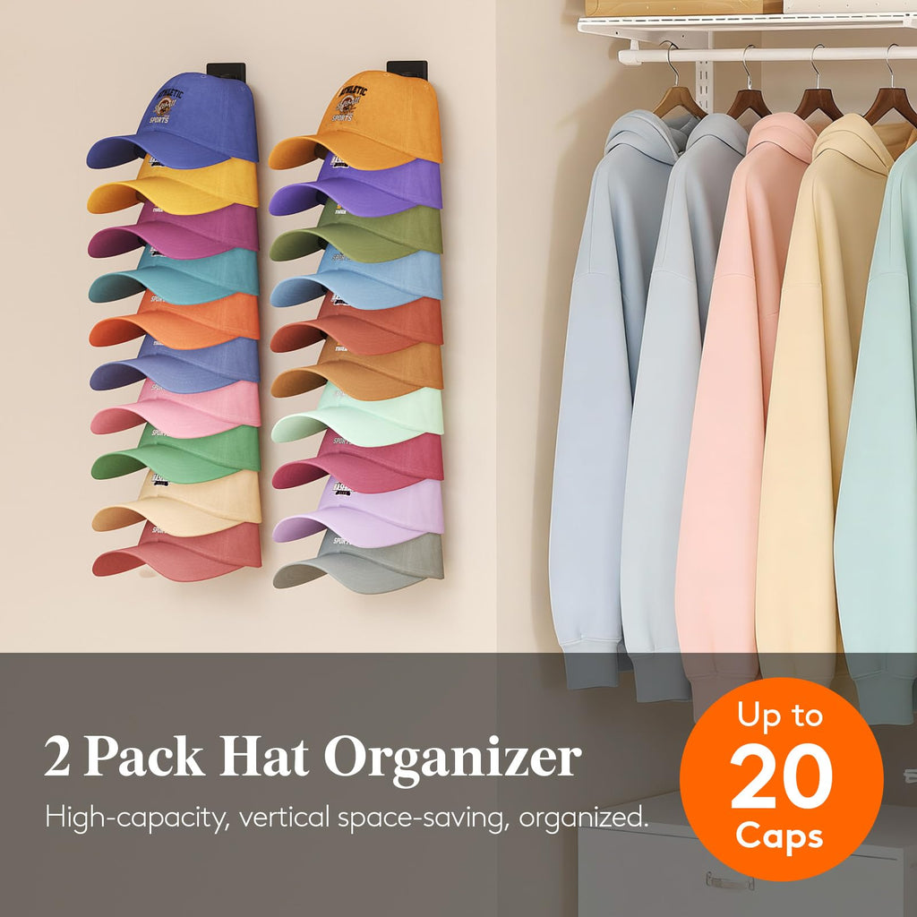 Lifewit Wall-Mounted Hat Organizer, 20 Baseball Caps Storage with Elastic Clamps (Each Holds 10), Hat Display Rack for Door, Retail Store, Nails or Adhesive, Closet Cap Holder, Black, 2-Pack