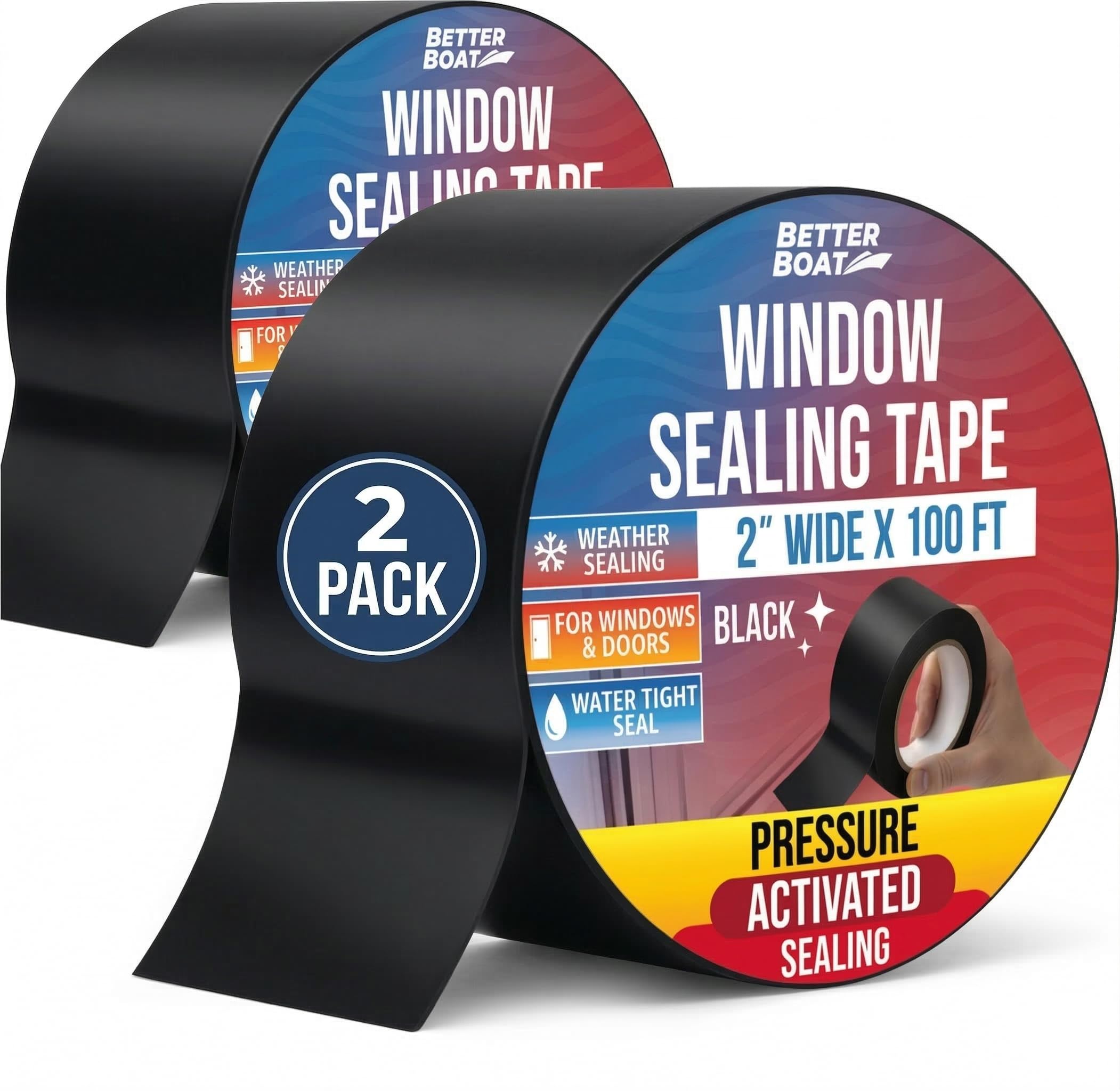 Window Sealing Tape Black 2-Pack, 2 Inch x 100 FT Per Roll, Weather Seal for Windows, Doors and AC Units, Waterproof UV Resistant, Damage-Free Removal - Better Boat
