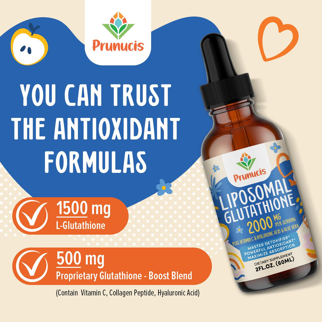 Prunucis 2000MG Liposomal Glutathione Liquid, 98% Absorption, Active Form L-Glutathione Supplement, Vegan Friendly, Powerful Antioxidant Complex for Immune System, Aging Defense, Detox, 2 FL.OZ