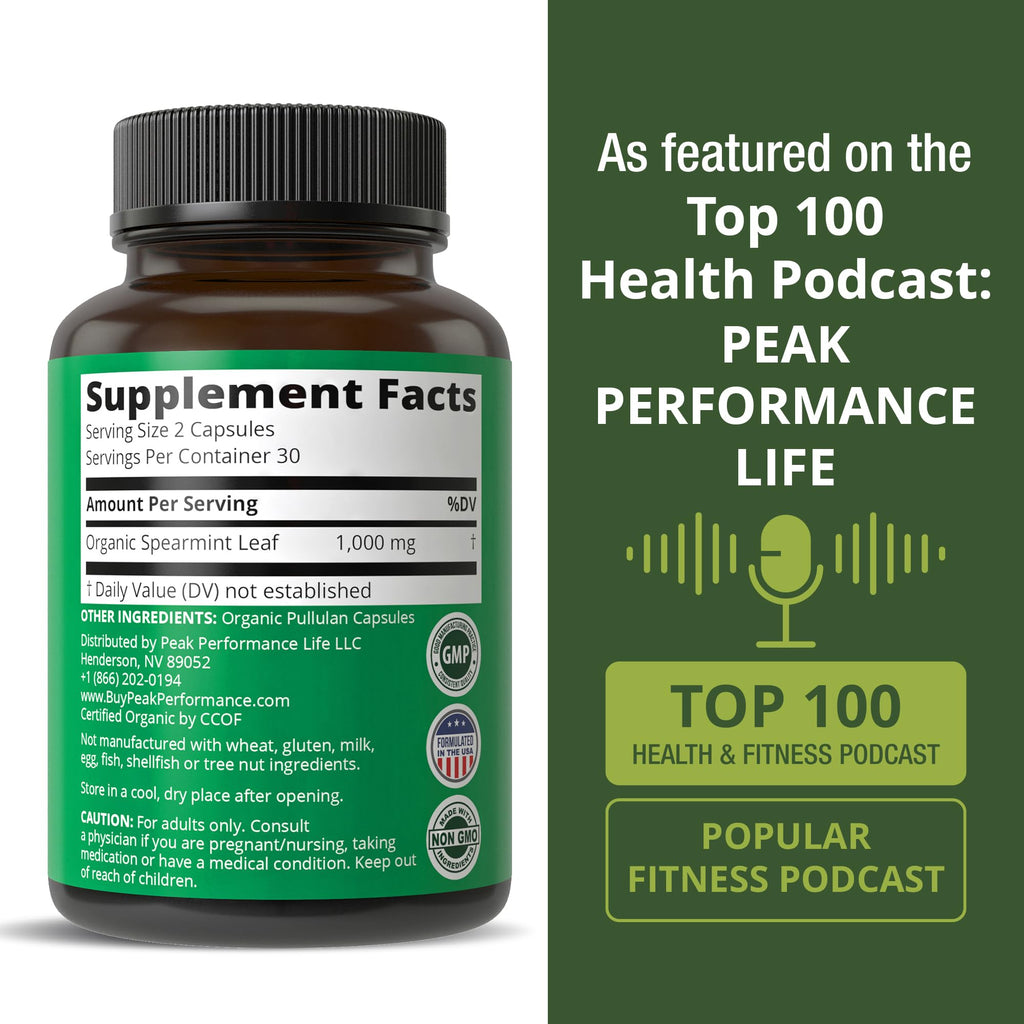 Peak Performance USDA Organic Spearmint Capsules. Organic Vegan Spearmint Leaf Pills for Digestive Support, Ingestion, and More. USA Tested Supplement for Women and Men.