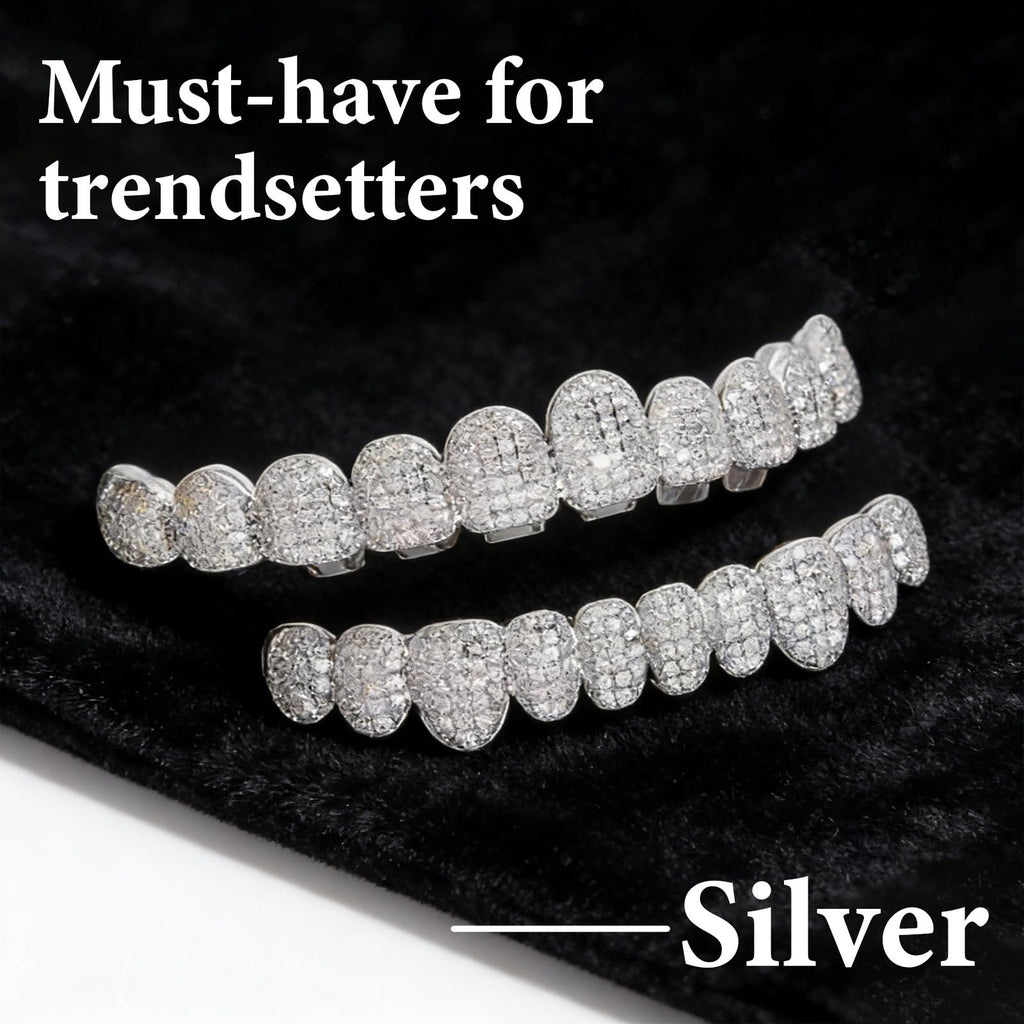 Custom Diamond Grillz for Men - Iced Out Detachable Gold & Silver Teeth Covers - Bling Hip Hop Mouth Jewelry (Silver)