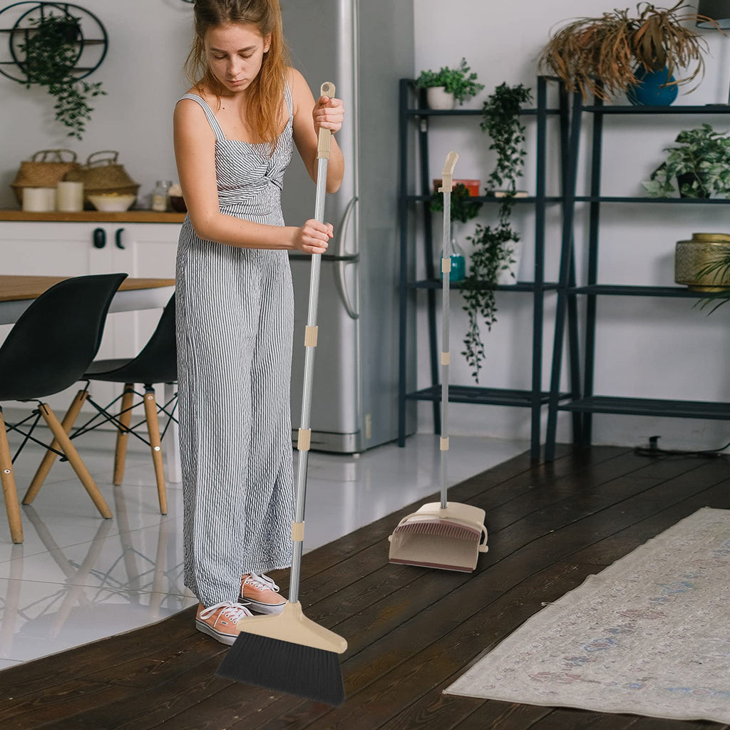 Broom and Dustpan Combo Set with Long Handle (54” L) Angle Broom Dust Pan for Home Kitchen Indoor Cleaning (Brown and Beige)