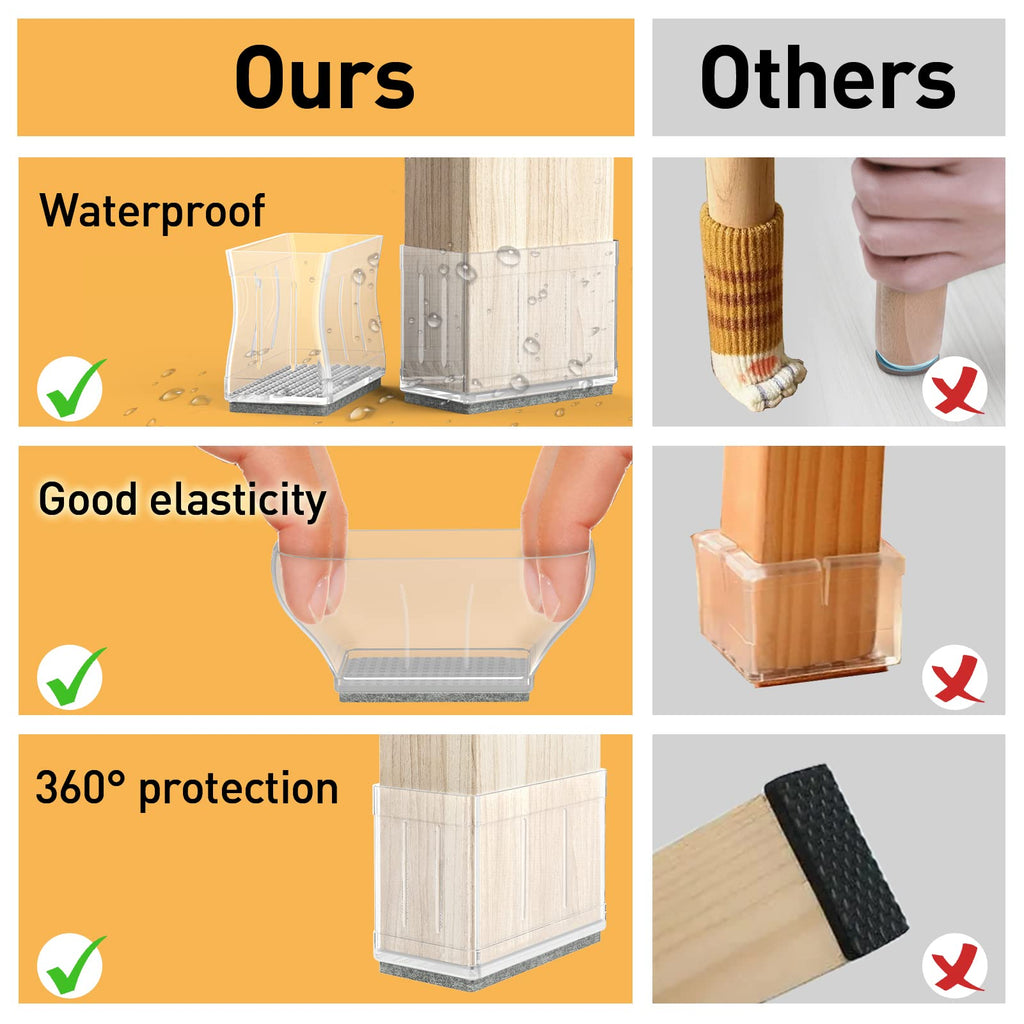 1" x 1.5" Rectangle Chair Leg Protectors for Hardwood Floors Silicone Covers to Protect Wood Tile Floors Felt Pads Furniture Leg Caps Reduce Noise.Easy to Move.16 PCS Clear.