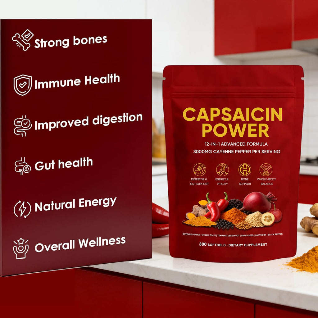 GXSAE Capsaicin Power - Cayenne Pepper Softgels Supplement, Supports Leg Vein, Digestive & Gut Health, with Vitamin D3+K2, Beetroot, Grape Seed and Other Extracts, 300 Capsules (1)