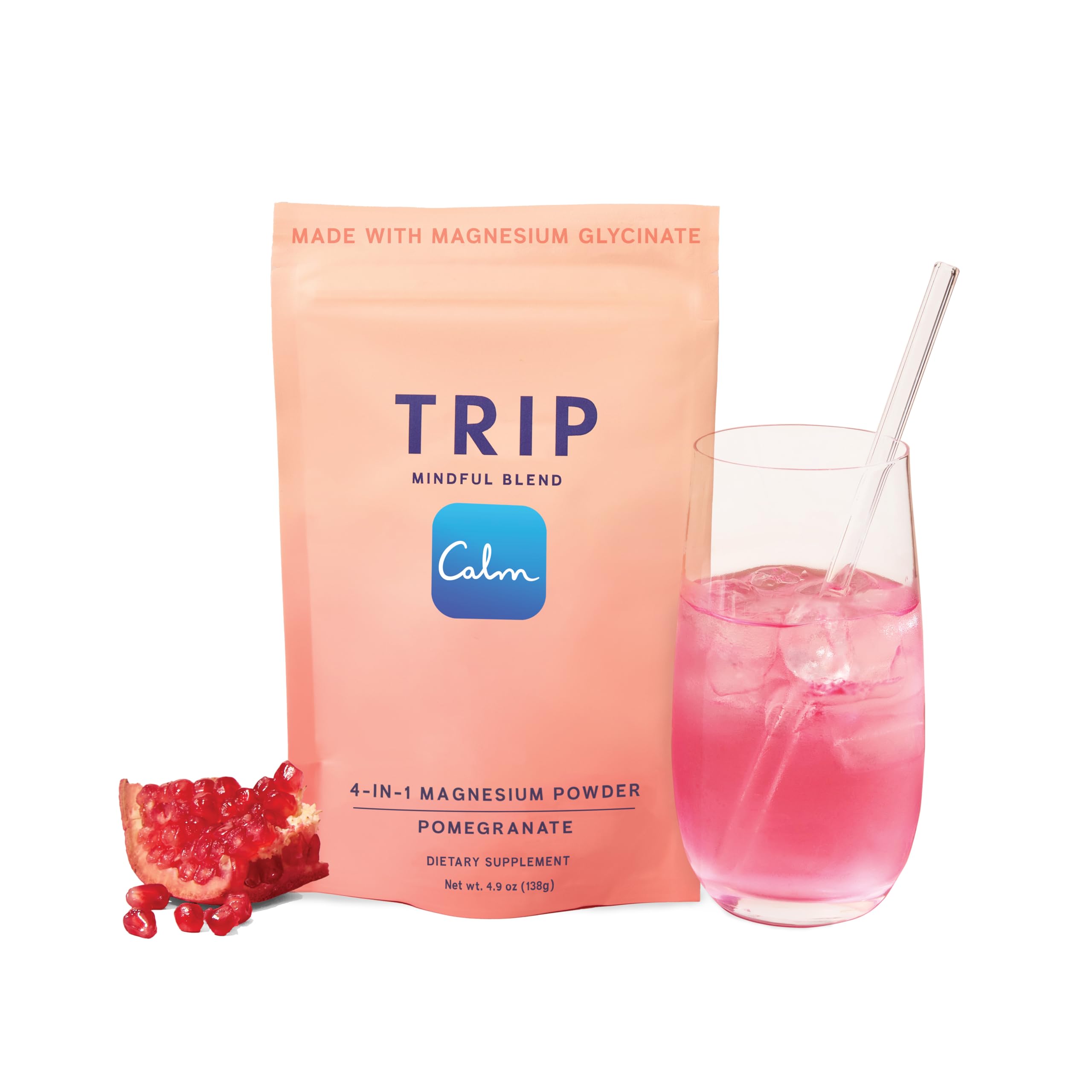 TRIP Magnesium Glycinate Powder with L-Theanine & Lion’s Mane, Sugar Free Magnesium Supplement for Adults, 250mg Magnesium per Drink Mix Serving, Pomegranate Orange Blossom, 1 Bag - 30 Servings