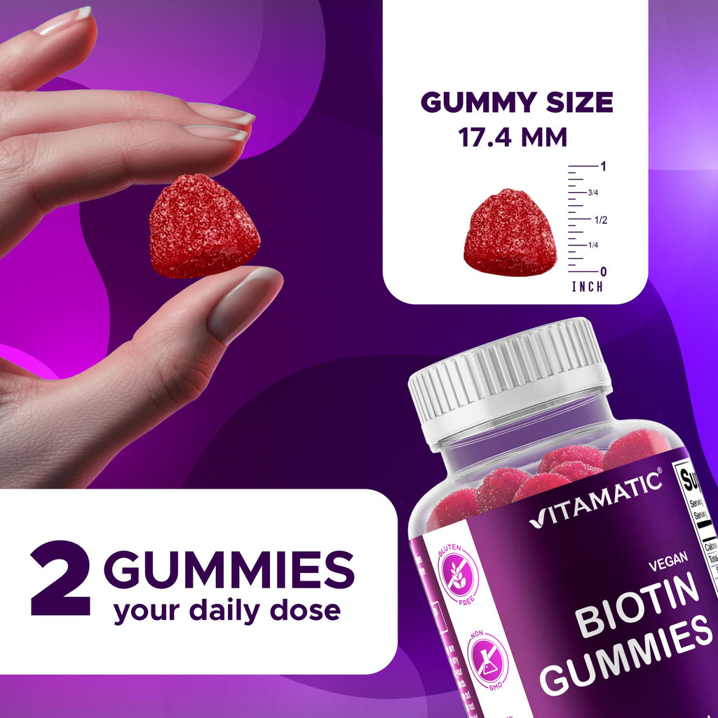 Vitamatic Biotin Gummies 10,000 mcg for Stronger Hair, Skin & Nails - 60 Vegan Gummies - Also Called Vitamin B7 (6 Bottles)
