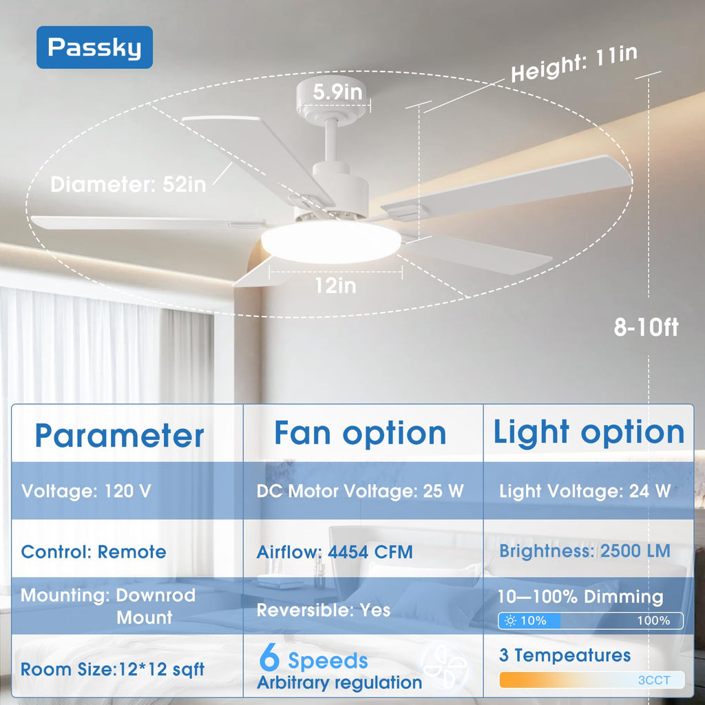 Passky Ceiling Fans with Lights, 52 inch Sleek Ceiling Fan with Light and Remote Control, 3CCT, Dimmable, Reversible, Noiseless, White Ceiling Fan for Bedroom, Living Room