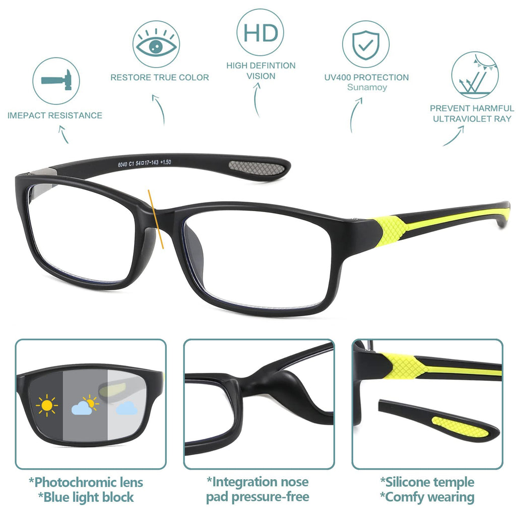 SUNAMOY Wide Reading Glasses For Men Blue Light Blocking Computer Readers Stylish Designer Sport Cheater Large Head Frame Nice Black Photochromic Tinted Dark Transition Eyeglasses 2 Packs