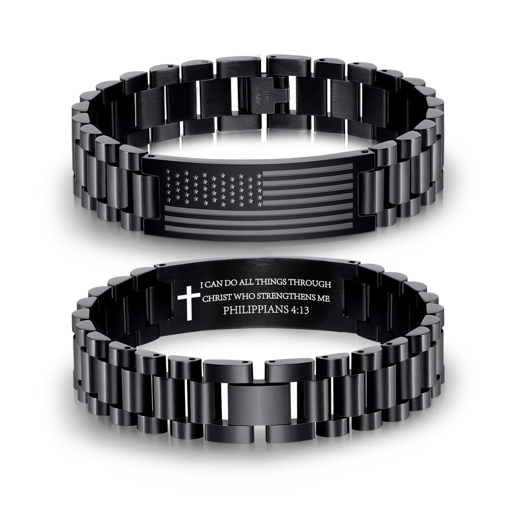 P.BLAKE Straps Watch Band Link Bracelet for Men, Stainless Steel Engraved American Flag Bible Verse Lord’s Prayer Christian Easter Anniversary Jewelry Gift for Dad Son Husband Boyfriend Him
