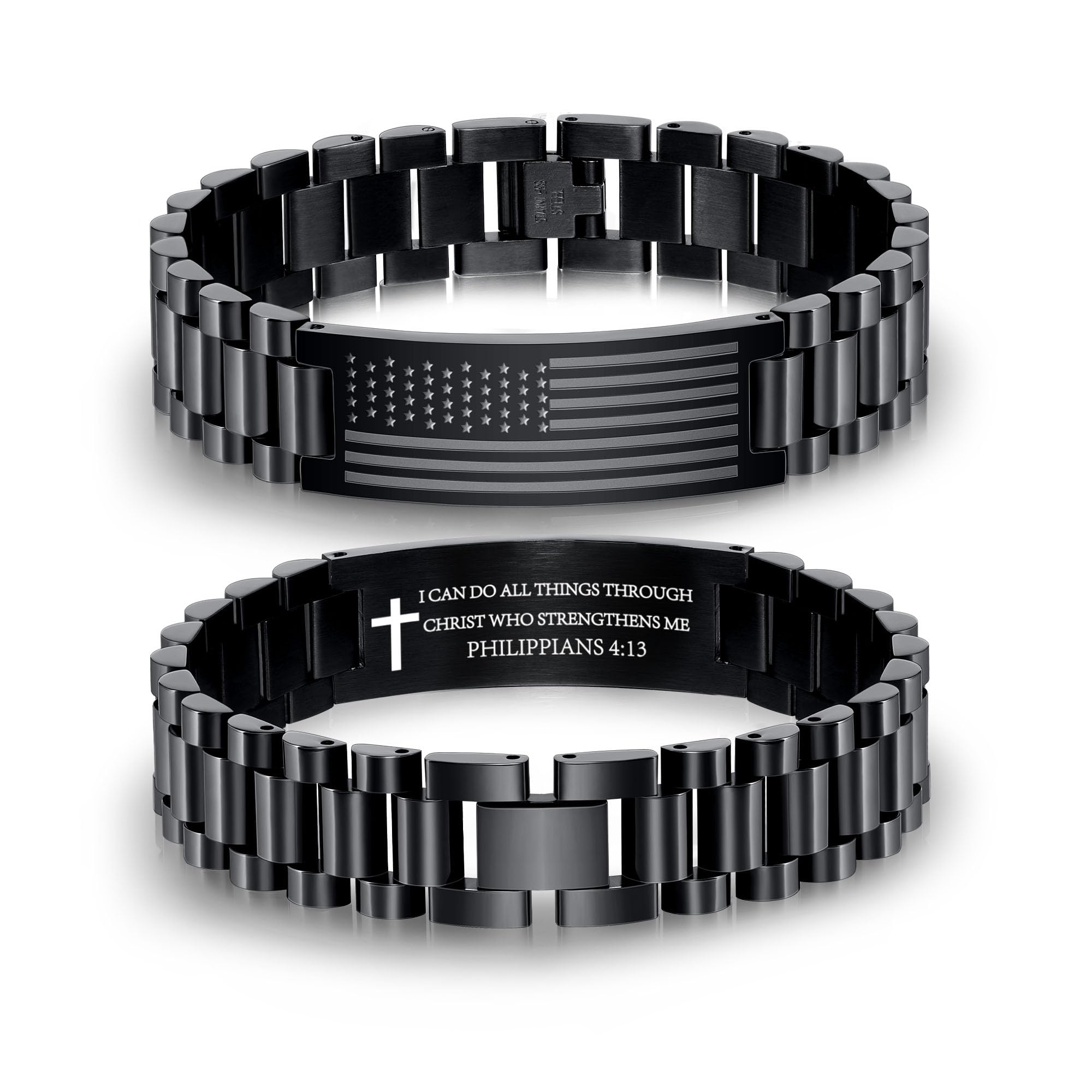 P.BLAKE Straps Watch Band Link Bracelet for Men, Stainless Steel Engraved American Flag Bible Verse Lord’s Prayer Christian Easter Anniversary Jewelry Gift for Dad Son Husband Boyfriend Him