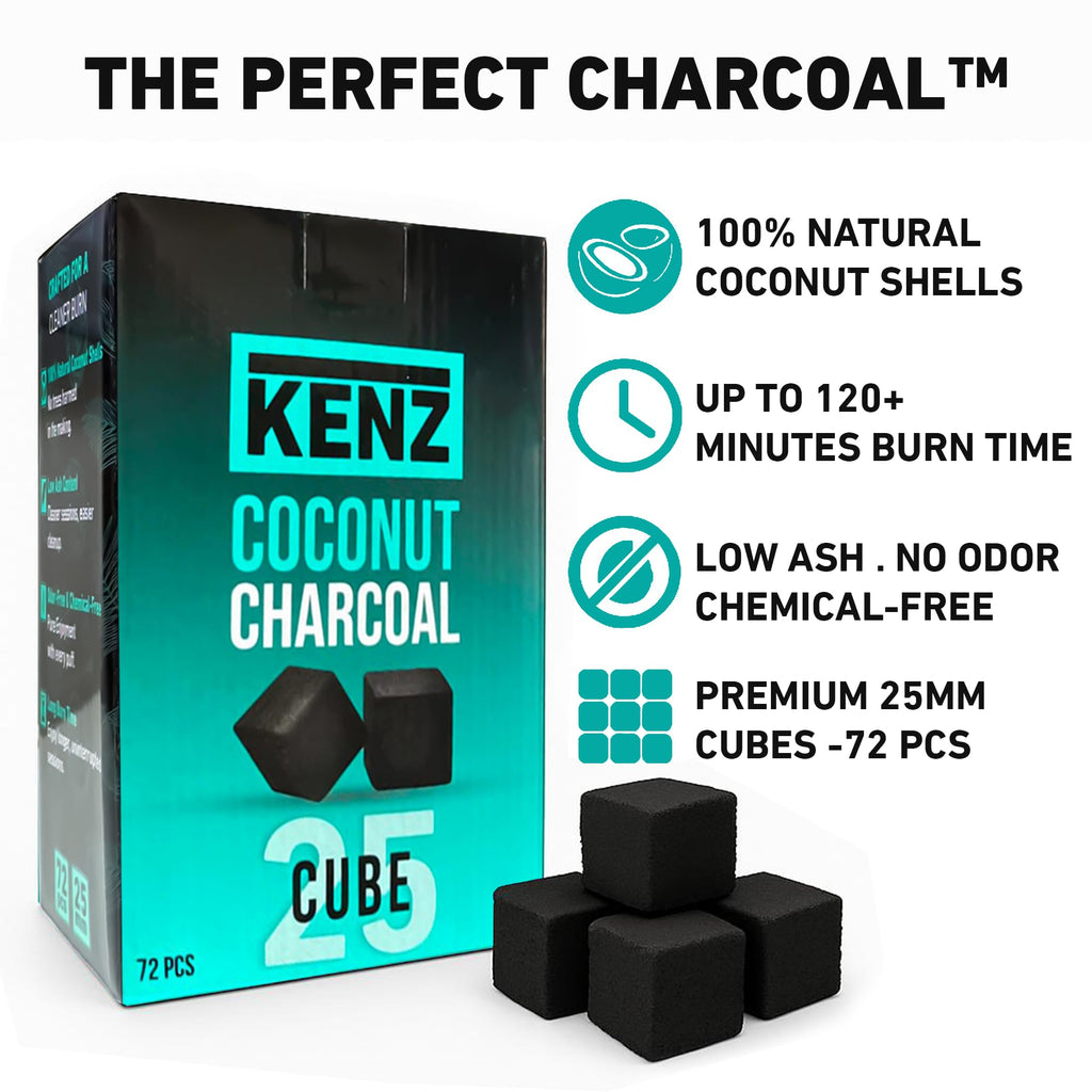 KENZ Coconut Charcoal Cubes 25 mm — 100% Natural, Low Ash, 72 pcs
