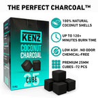 KENZ Coconut Charcoal Cubes 25 mm — 100% Natural, Low Ash, 72 pcs