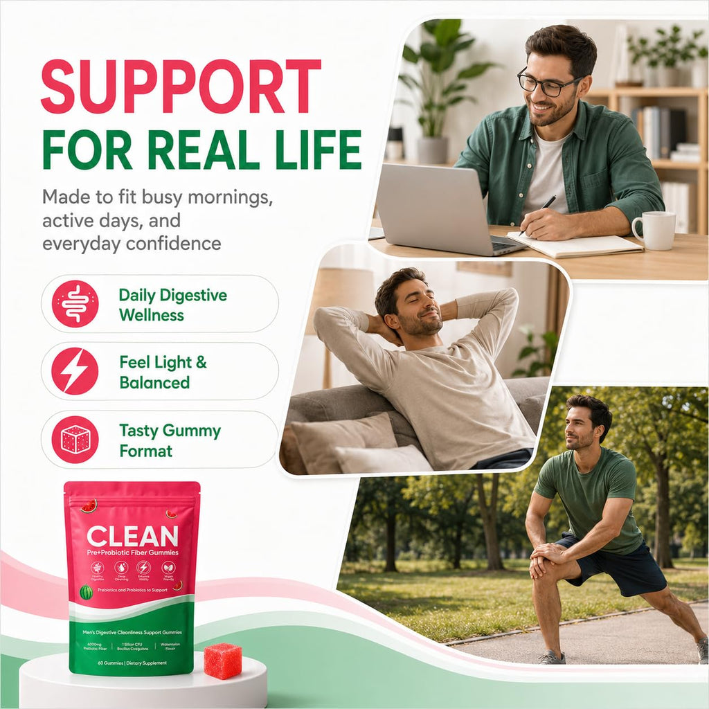 Clean Prebiotic Fiber Gummies for Men, Watermelon Flavor, Sugar-Free Pre+Probiotic Fiber Gummies, Supports Complete Clean, Digestive & Gut Health, Gluten Free, Gelatin Free, 60 Count