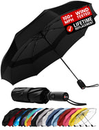 Windproof Travel Umbrella - Compact & Withstands Winds up to 100MPH, Strongest Premium Auto Folding Umbrella for Rain and Sun - Durable, Light & Portable for Women & Men, Fits Backpack & Cars