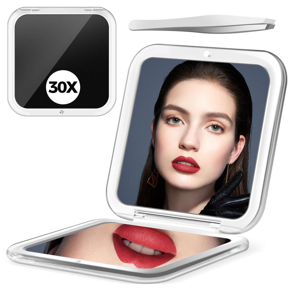 PIMPLEGO Compact 30X Magnifying Square Travel Mirror, 3.3x3.3 Inch Small Pocket, 2-Sided Women's Magnetic Portable With Precision Tweezers, Black