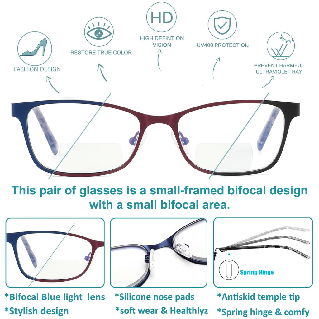 SUNAMOY Bifocal Reading Glasses Women Blue Light Blocking Computer Reader Clear Top Metal Small Cateye Fashion full Frame Ladies Designer Eyeglasses Stylish Lightweight Eyewear 2.50
