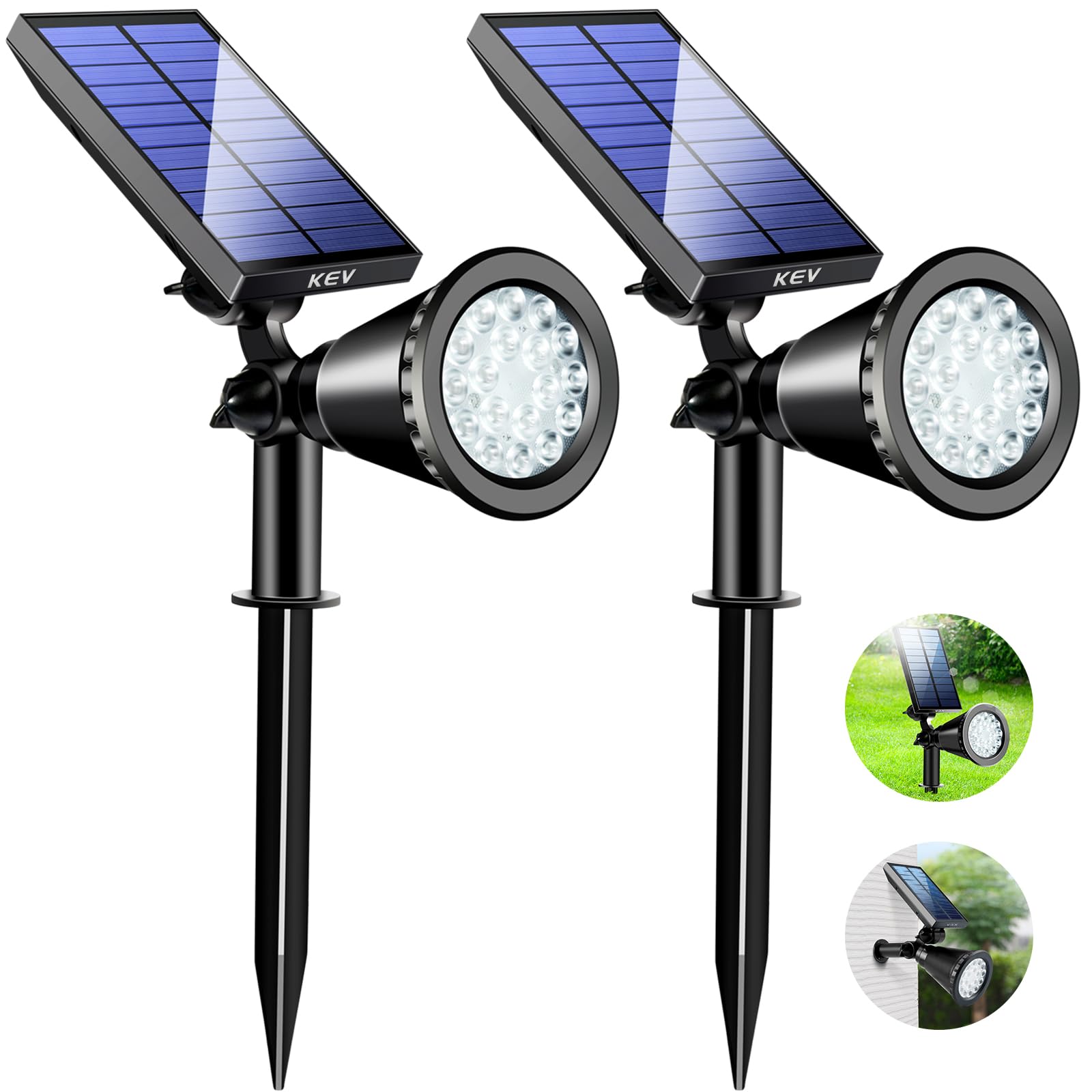 KEV 800 Lumens Solar Spot Lights Outdoor,18 LEDs Solar Flood Lights with 2 Modes &Adjustable &IPX65 Waterproof,Solar Spotlight for Driveway/Backyard/Patio Landscape/Tree/Garage(Cool White, 2 Pack)