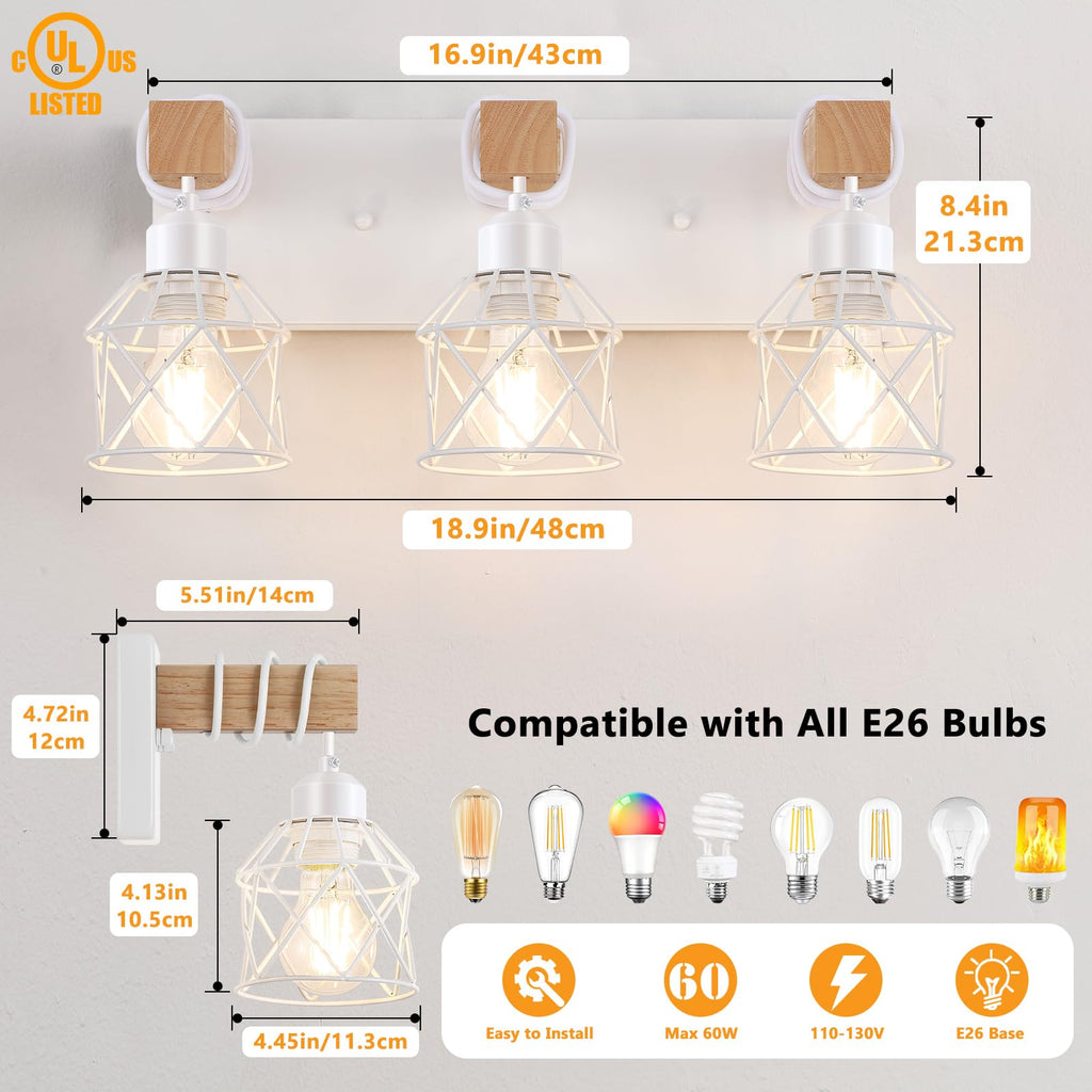 FadimiKoo 3-Light Farmhouse White Bathroom Vanity Light Fixtures, Rustic Wood Vanity Lights for Bathroom, Modern Bath Sconces Wall Lighting with Elegant Metal Shade for Mirror, Living Room, Bedroom