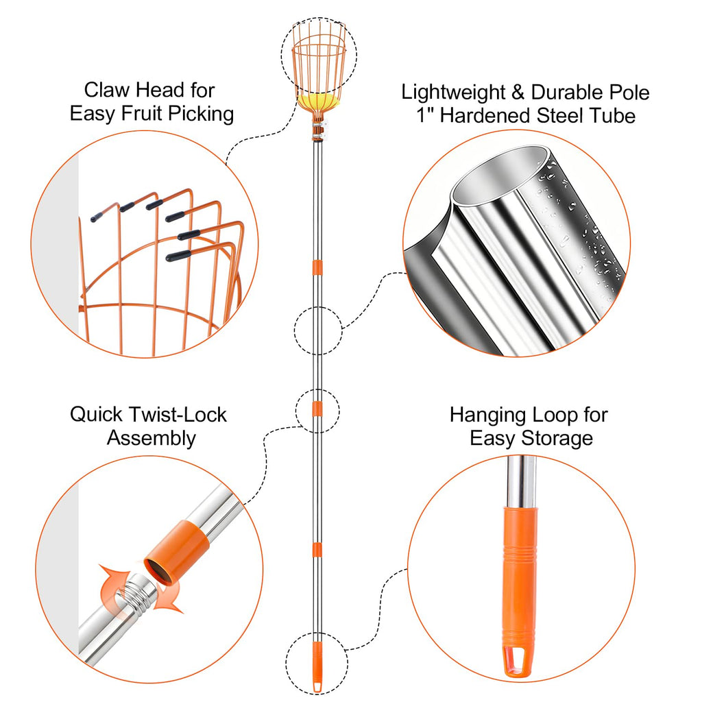 ALongwujin Fruit Picker Pole Tool with Basket Long Handle, 27-75 Inch Adjustable Fruits Picking Pole Tool for Apple Lemon Orange Mango Avocado Fruit Tree Picking