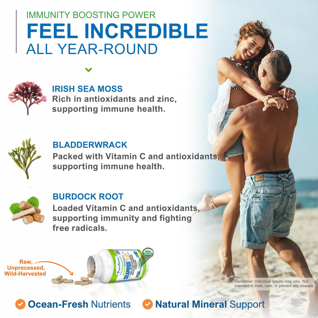 Power By Naturals SeaMoss Plus - USDA Organic Irish Sea Moss Capsules w/Wild Harvested Irish Seamoss, Bladderwrack & Burdock Root Immunity Supplement Sea Moss Pills for Adult 60Ct - 1 Pack