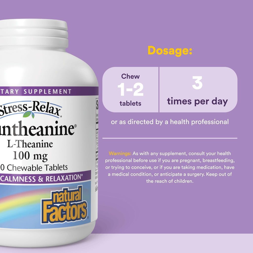 Natural Factors Suntheanine L-Theanine 100 mg - Health Supplement for Calm Outlook - L-Theanine Supplement Supports Relaxing Sleep & Aids Against Drowsiness - 120 Chewable Tablets (60 Servings)