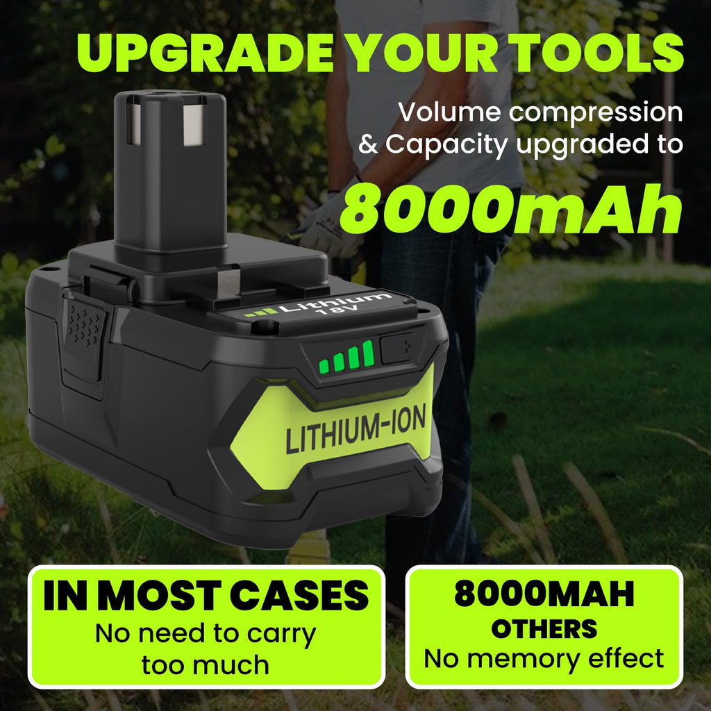 2 Pack Upgrade 8000mAh High Capacity P108 Replacement for Ryobi 18V Battery Lithium ion Compatible with Ryobi 18 Volt Battery P102 P103 P104 P105 P107 P108 P109 P122 Cordless Tool Batteries (Green)