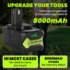 2 Pack Upgrade 8000mAh High Capacity P108 Replacement for Ryobi 18V Battery Lithium ion Compatible with Ryobi 18 Volt Battery P102 P103 P104 P105 P107 P108 P109 P122 Cordless Tool Batteries (Green)