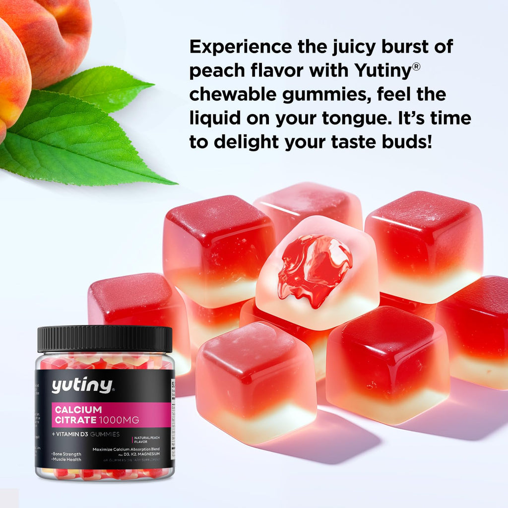 Yutiny Calcium Citrate Filled Gummies, Extra Absorption Calcium Citrate 1000mg with Vitamin D3, K2 & Magnesium, Chewable Supplement for Bone, Muscle Health, 60 Count