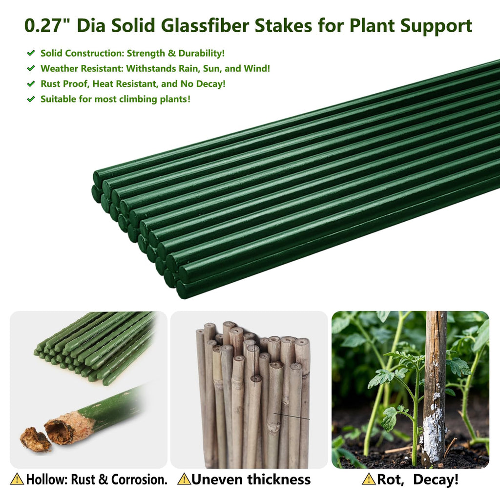 Garden Stakes 48 inch 20 Pack 0.27" Dia Solid Glassfiber Plant Support Rod Tomato Trellis Stakes (Black)