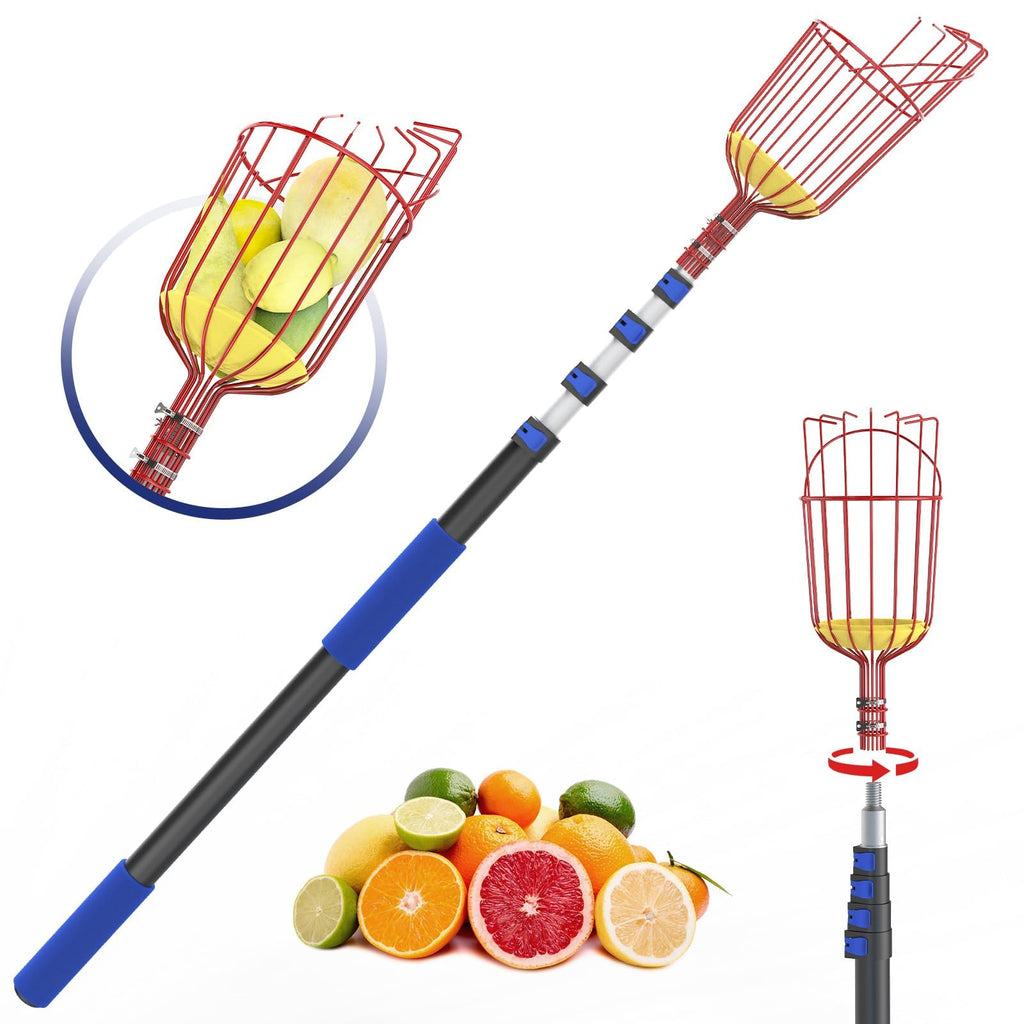 SKGPOLE 26FT Reach Fruit Picker, 5-20 Foot Sturdy Aluminum Telescoping Fruit Picker Extension Pole with Metal Twist-on Basket, Suit for Apple Pear Lemon Mango Guava Orange Avocados Tree Fruit Picking