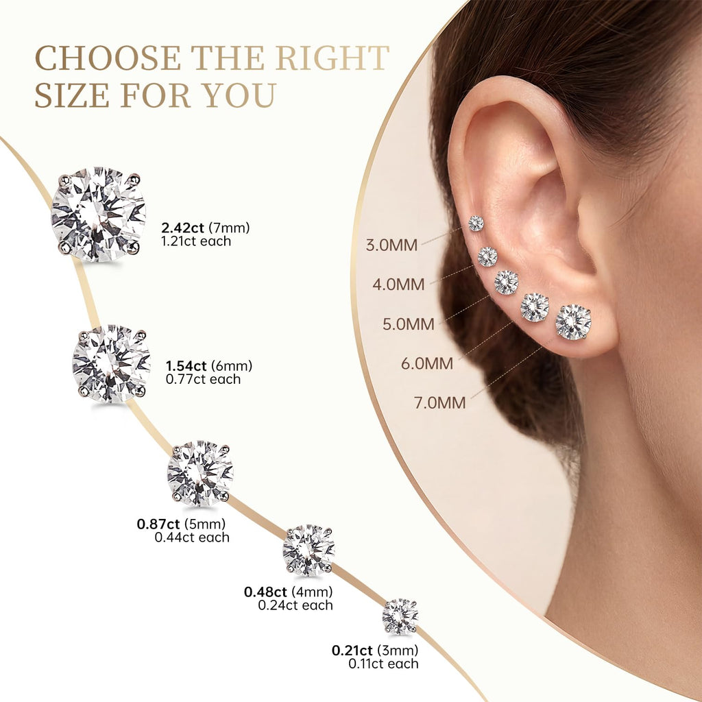 EIoways Moissanite Stud Earrings, D Color VVS1, Sterling Silver, Push Back, 3-7mm, for Women and Men (Round Silver, 4mm-0.48CTW)