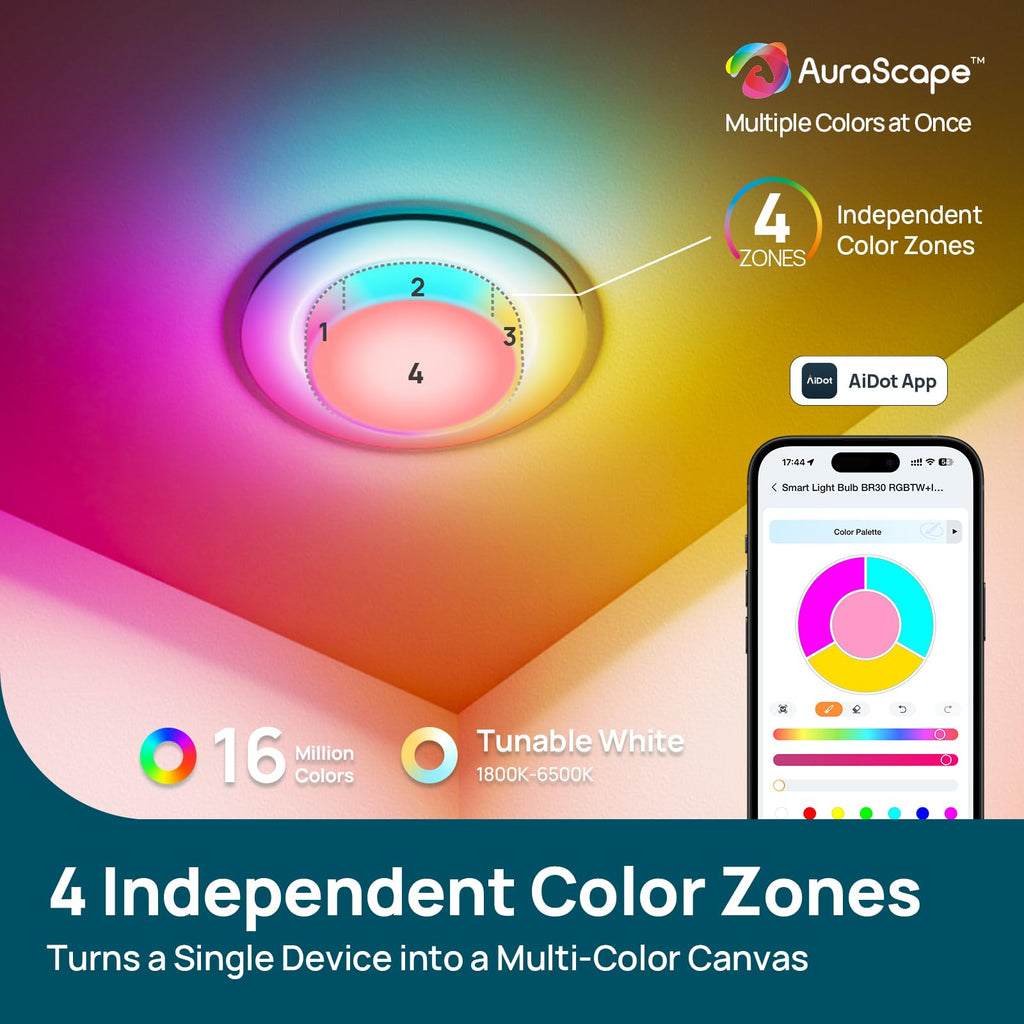 Linkind Matter BR30 Smart Light Bulbs with Stretchable Design & 4-Zone Aurascape Color, 850LM Recessed Smart Flood Light Bulb, Works with Alexa/Apple Home/Google Home, Music Sync Light Show, 4 Pack