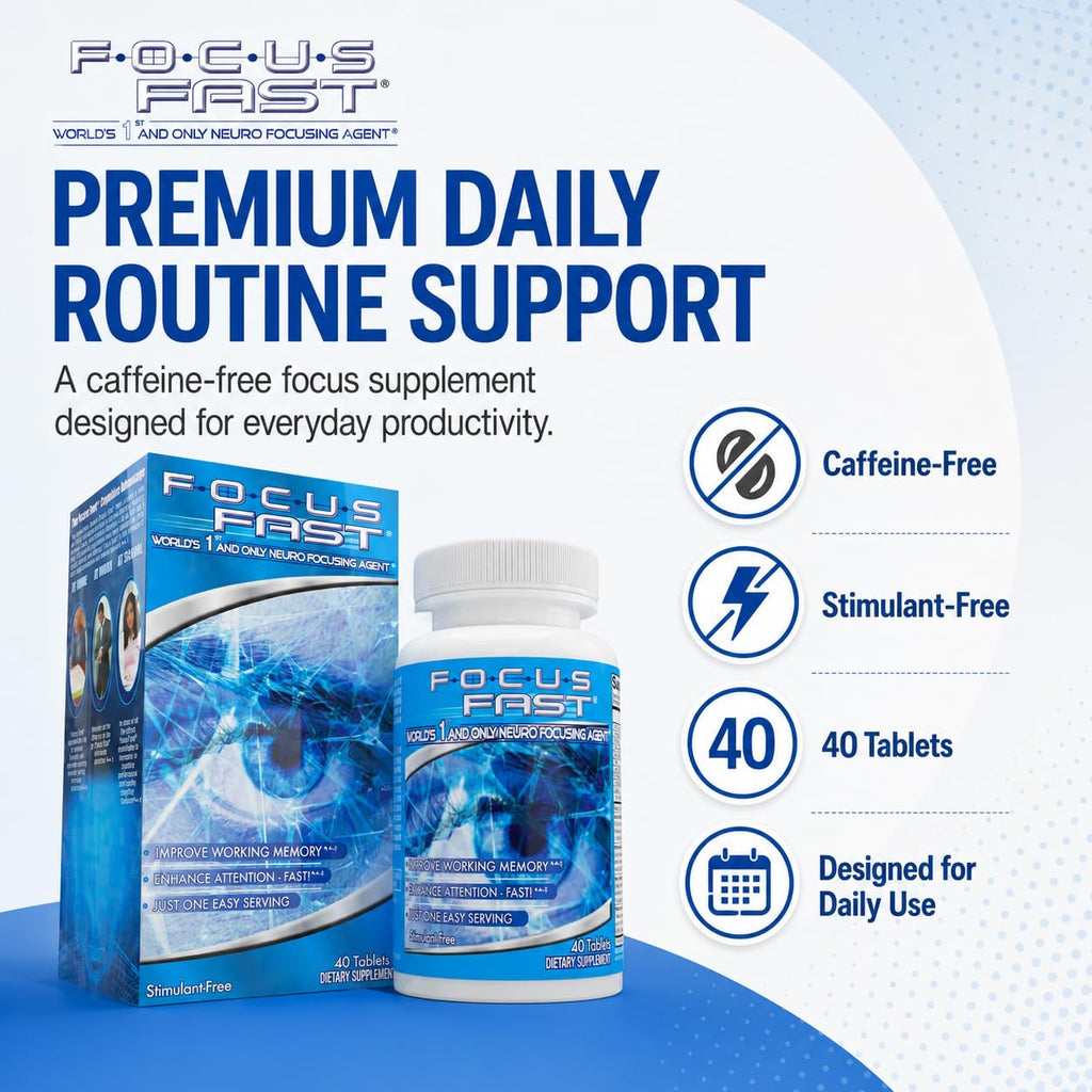Focus Fast Brain Supplement - Improve Working Memory, Enhance Focus, Boost Cognition in as Little as 1 Hour, Caffeine/Stimulant Free Nootropic
