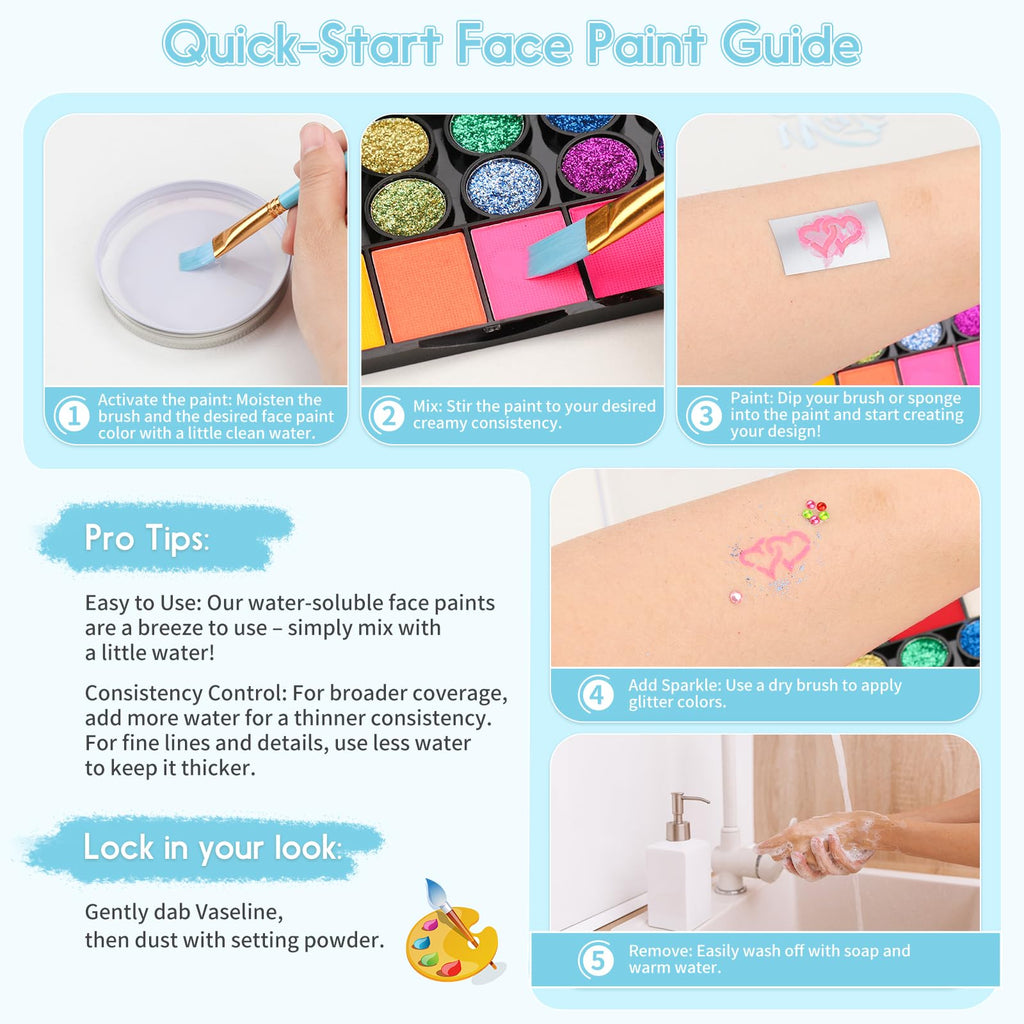 Pintada 42 Color Face Painting Kit for Kids - Non Toxic Water Activated Face Paint Palette With Stencils, Brush, Sponges, Book. For Carnival, Halloween, Costume Makeup and Festivals & Events