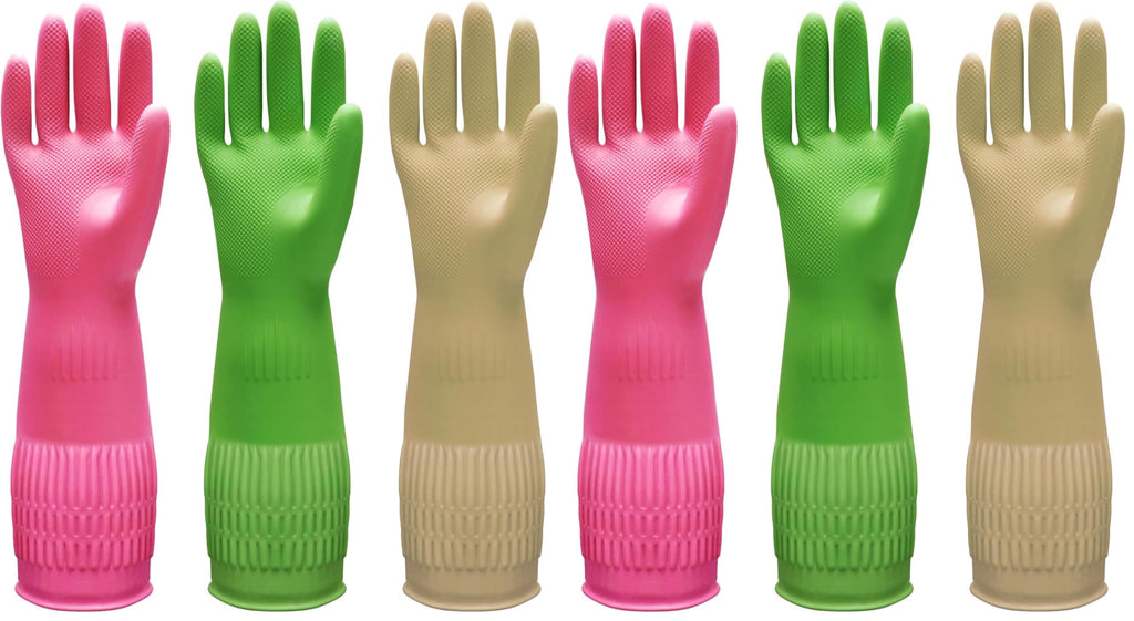 Bamllum 3 Pairs of Rubber Dishwashing Gloves for Kitchen and Household Cleaning – Long Cuff 15", Reusable, Flexible Long-lasting and Non-Slip (Red+Yellow+Green, Large) (Pack of 2)